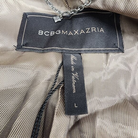 BCBGMAXAZRIA Womens Size Large Long Camel Coat With Brown Faux Leather Sleeves - Picture 2 of 13